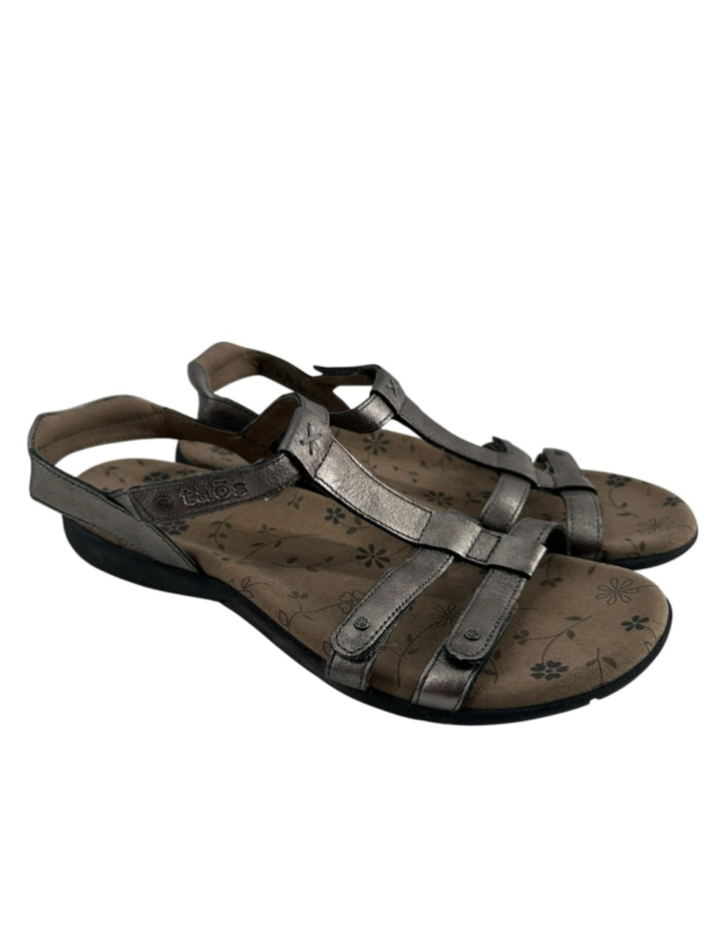 Taos Footwear Metallic Pewter T-Strap Sandals Silver leather comfort shoe sz 10